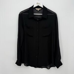 Decree Black Sheer Blouse Button Front Top Size Large Classic